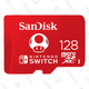A Licensed SanDisk 128GB MicroSDXC Card for Nintendo Switch with a Super Mario mushroom on it is shown.